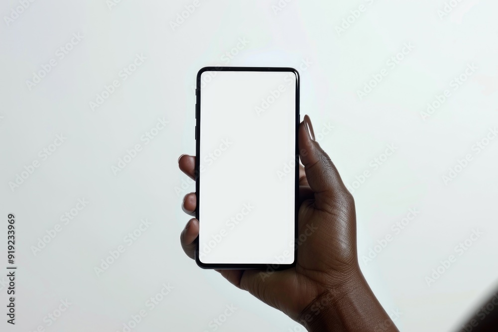 Poster a person holds up a smartphone with a blank white screen