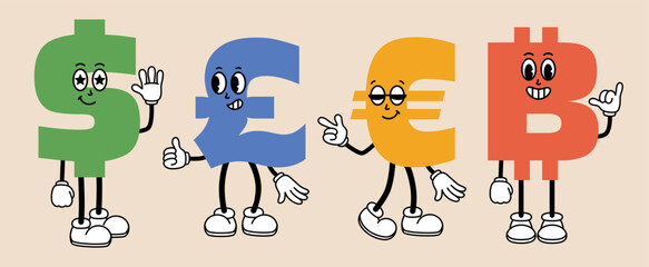 Groovy dollar, euro, pound and bitcoin cartoon characters set. Funny retro money mascots with face emotions. Fun monetary stickers. Comic elements in trendy retro style. Vector illustration
