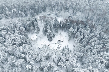 River in the forest in winter. Top view.