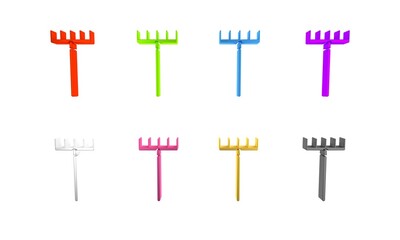 Colorful Garden rake icon isolated on white background. Tool for horticulture, agriculture, farming. Ground cultivator. Housekeeping equipment. Minimalism concept. 3D render illustration