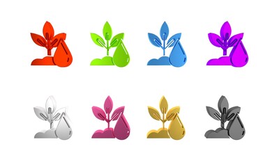 Colorful Watering plant icon isolated on white background. Seed and seedling. Irrigation symbol. Leaf nature. Minimalism concept. 3D render illustration