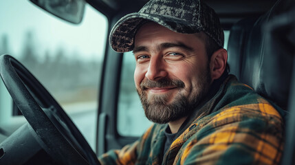 Cheerful Truck Driver Posing for Photo with Truck in Background