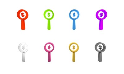 Colorful Magnifying glass and dollar symbol icon isolated on white background. Find money. Looking for money. Minimalism concept. 3D render illustration