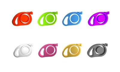 Colorful Retractable cord leash with carabiner icon isolated on white background. Pet dog lead. Pet supplies. Animal accessory for outdoors walk. Minimalism concept. 3D render illustration
