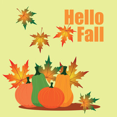 Hello Autumn. Pumpkin set surrounded by autumn maple leaves.