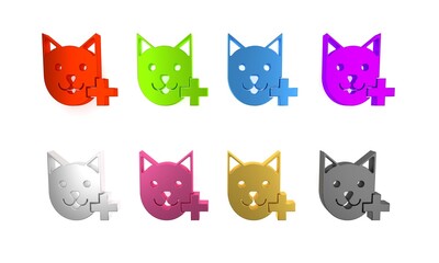 Colorful Veterinary clinic symbol icon isolated on white background. Cross with cat veterinary care. Pet First Aid sign. Minimalism concept. 3D render illustration