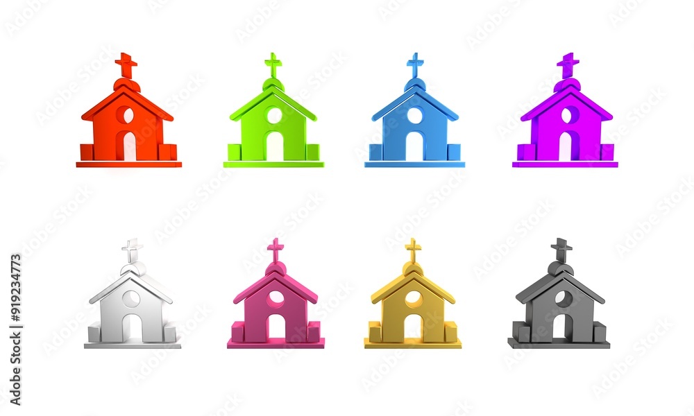 Sticker Colorful Church building icon isolated on white background. Christian Church. Religion of church. Minimalism concept. 3D render illustration