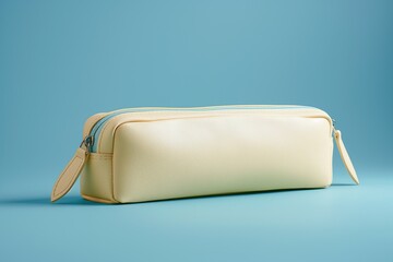 Cream leather pencil case on a blue background.
