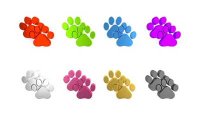 Fotobehang Colorful Paw print icon isolated on white background. Dog or cat paw print. Animal track. Minimalism concept. 3D render illustration © Oksana