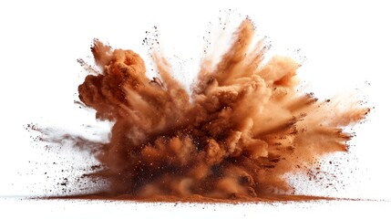 Dust cloud erupts from an explosion in a barren landscape during daylight