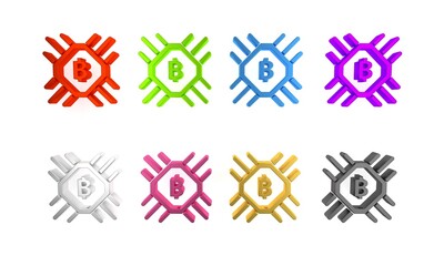 Colorful CPU mining farm icon isolated on white background. Bitcoin sign inside processor. Cryptocurrency mining community. Digital money. Minimalism concept. 3D render illustration