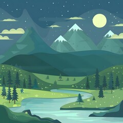 Fototapeta premium Night Mountain Landscape with River and Full Moon