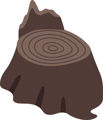Brown tree stump showing growth rings in an isometric view