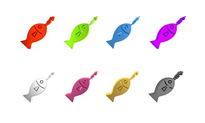 Colorful Fish on hook icon isolated on white background. Minimalism concept. 3D render illustration