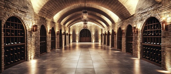 Obraz premium Stone-walled wine cellar with arched ceiling and rows of bottles