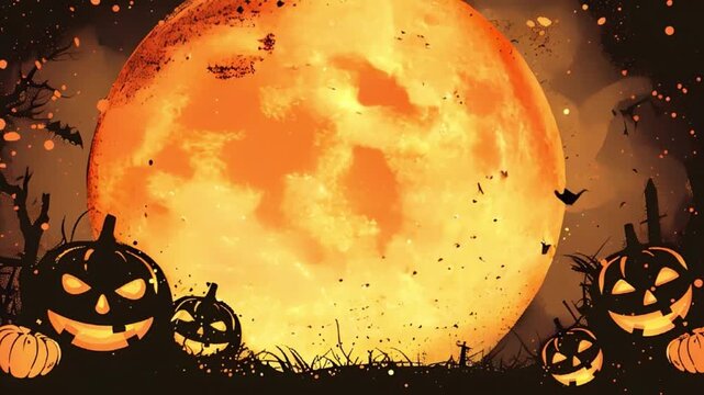 A fun Halloween background with pumpkins, bats flying over the full moon and a free space in the middle to insert text
