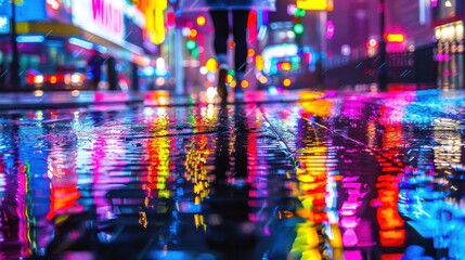 Luminous Rain: Neon Lights Reflecting on Rainy Night Street