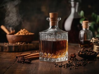 A vintage-style cocktail setup features a liqueur bottle, fusion spices, and a rustic wooden table. 
