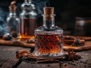 A vintage-style cocktail setup features a liqueur bottle, fusion spices, and a rustic wooden table. 