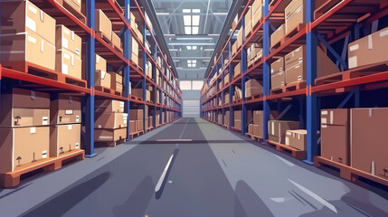 A vast warehouse interior filled with neatly stacked boxes on high shelves, creating a sense of order and efficiency.