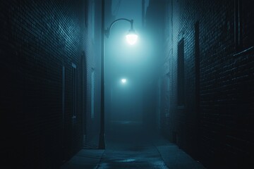 Obraz premium A bright white street lamp casting a pool of light in a dark, foggy alley. 
