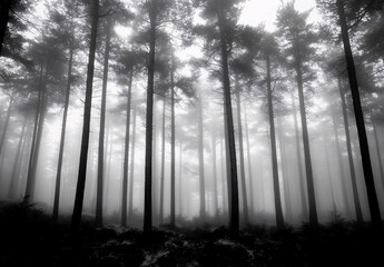 Naklejka premium A dark, foggy forest with tall trees creating a mysterious and eerie atmosphere, suitable for Halloween-themed designs or nature-themed content.