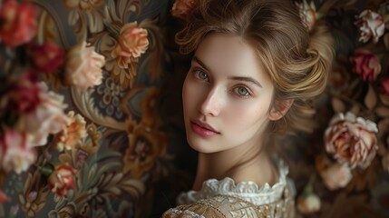 A young woman poses gracefully against a floral backdrop in soft afternoon light