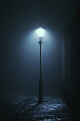A bright white street lamp casting a pool of light in a dark, foggy alley. 