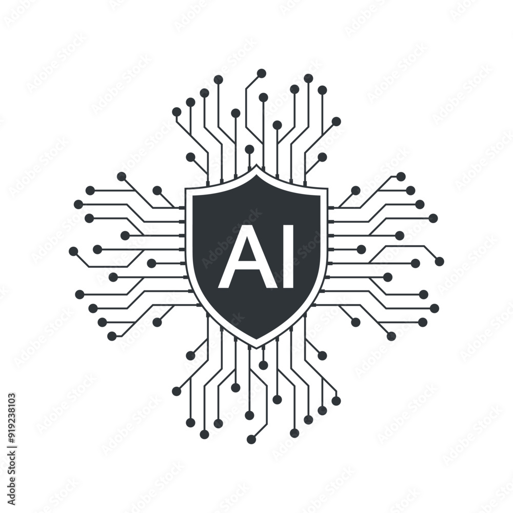 Poster AI security digital chip. AI cyber security technology network protection concept. Semiconductor technology AI security protection shield