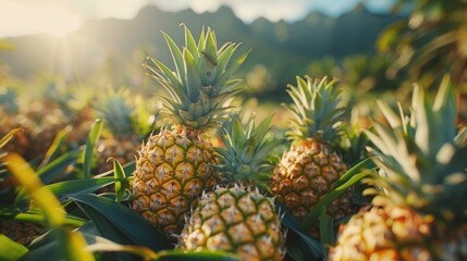 Obraz premium Fresh pineapple fruit growing in plantation field in farm