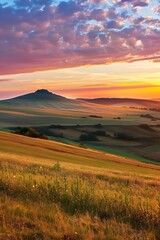 Golden Sunset Over Rolling Hills And Lush Green Fields