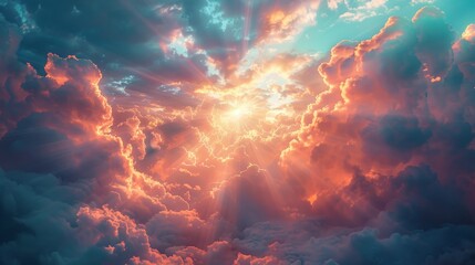 Vibrant sunset over billowing clouds, showcasing rays of light and dramatic colors in the sky