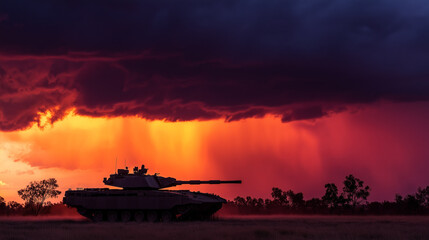 Tank silhouette against fiery sunset with rain clouds.
