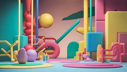 Children's cartoon abstract minimalist backdrop doodle drawing pattern with lines and geometric shapes. Fun, trendy colorful simple background, wallpaper texture design for kids