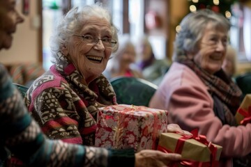Santa Claus giving gifts to the elderly