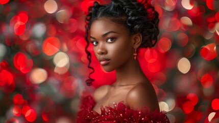 Young woman in a red dress poses against a vibrant holiday backdrop with festive bokeh lights