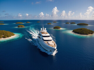 An aerial view of a luxury motor yacht sailing through a remote archipelago, with the yacht’s white hull contrasting against the deep blue of the ocean.