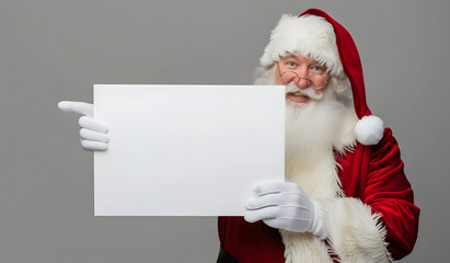 Santa Claus in a festive outfit holding and pointing at a blank white sign, perfect for Christmas promotions or holiday messages