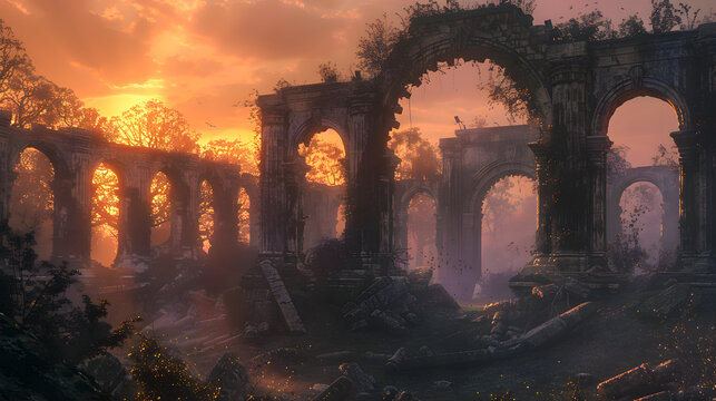 Fantastic ruins in another world, at evening.