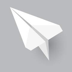 Fototapeta premium Paper plane model. Origami handmade aircraft view. Vector white paper airplane with shadow, isolated on gray background