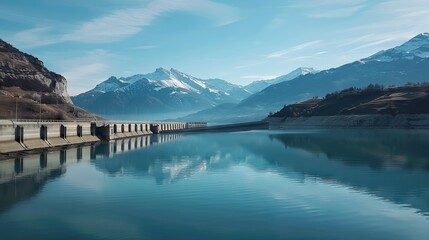 Fototapeta premium A serene lake behind a hydroelectric dam. AI generated illustration