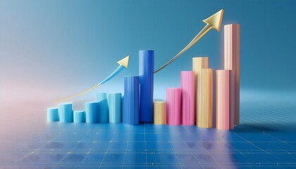 3D render of business graph with up arrow It symbolizes growth and success in the market. The graph highlights financial progress and increasing profits.
