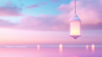 Obraz premium A white lantern hangs from a chain in the sky over a body of water