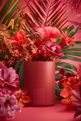Red Flowers in a Red Vase with Green Leaves