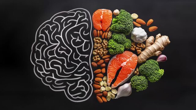 Mindful conscious eating, smart eating diet, healthy food for brain functions and memory, mental wellness. Chalk drawing of brain on black chalkboard, top view layout