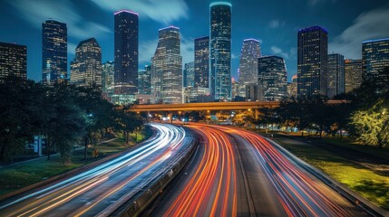 Obraz premium Nighttime View of Houston Skyline with Light Trails on Highway