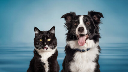 Fototapeta premium Black and white mixed-breed Cat and an Happy Border Collie dog panting on blue background