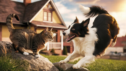 Obraz premium Cat and dog looking in the camera on a white background