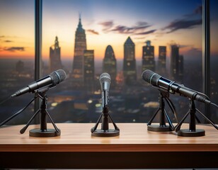 Microphones set up on a table with a cityscape background, ready for a press conference or media event