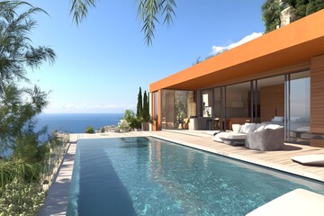 Fototapeta premium Modern Minimalist House with Infinity Pool and Ocean View